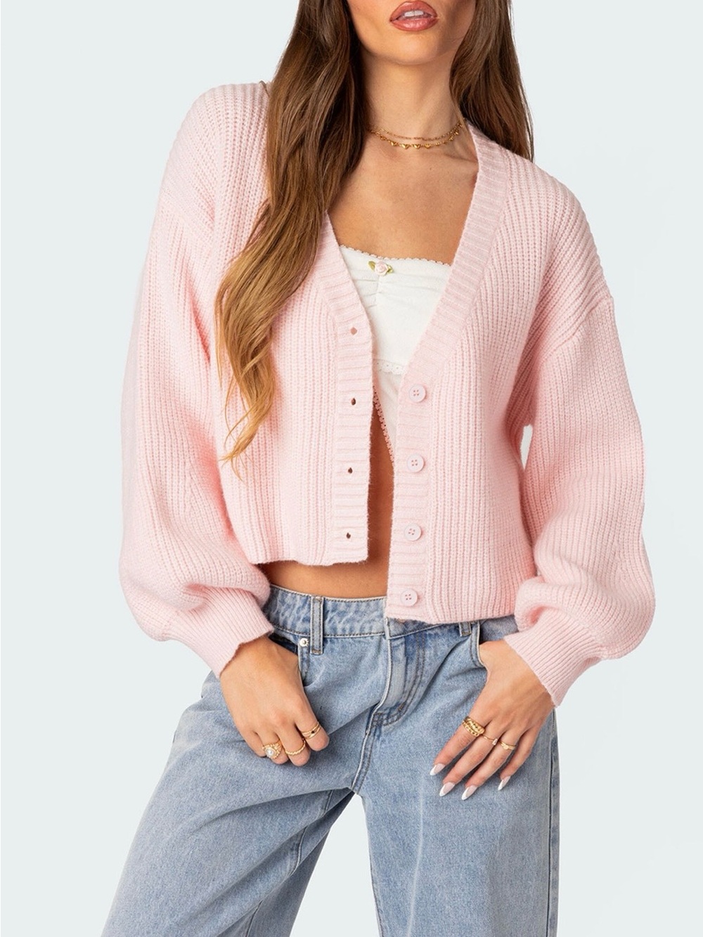 Edikted Baby Pink Cropped Button Up Cardigan